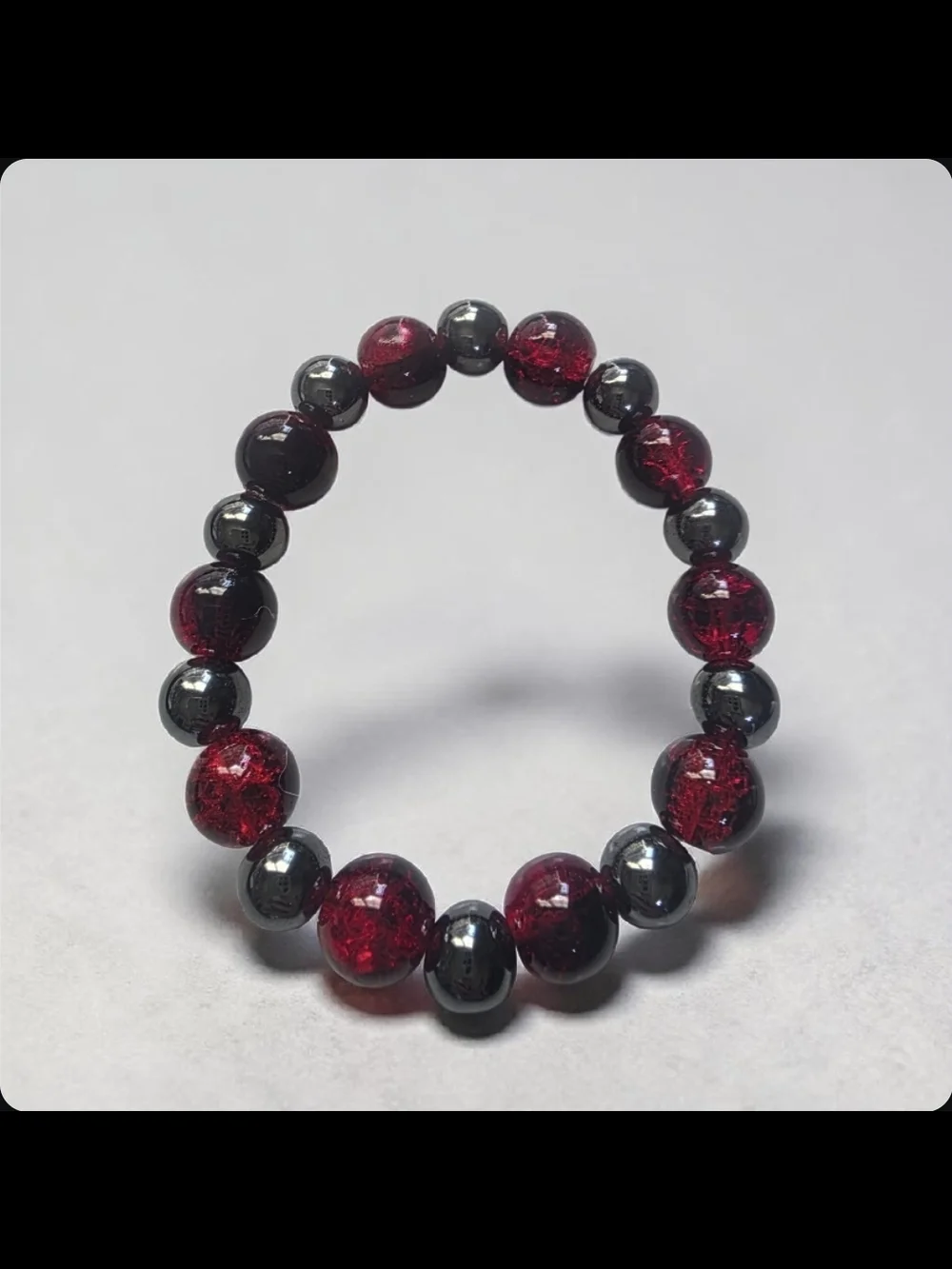 Hematite and Red Cracked Glass Beaded Stretch Bracelet